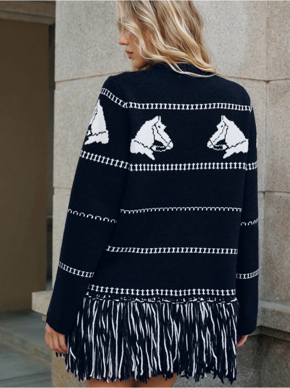 COMMENSE Horse-Pattern Wool Blend Fringe Cardigan XL - Picture 4 of 16